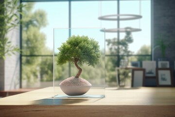 Poster - tabletop mock-up of a poster with a window and a green tree outside Generative AI