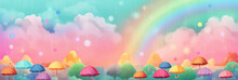 Umbrella And Cloudy Rainbow Banner. Generative Ai