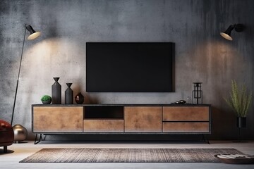 Wall Mural - Mock-up TV cabinet in the living room at night against a concrete wall. Generative AI