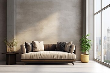 Wall Mural - Interior of a beige living room showing a sofa and armchair from the side and a light concrete floor. a coffee table and a window with a view of the city of Singapore. copy space wall Generative AI