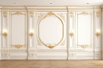 Wall Mural - Classic white interior with wooden flooring, moldings, and wall panels. mock-up for an illustration. Generative AI