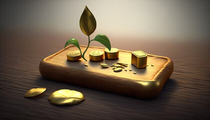Wall Mural - Green and Gold: Sprouting Plants on a Background of Wealth and Prosperity - ai generated Generative AI