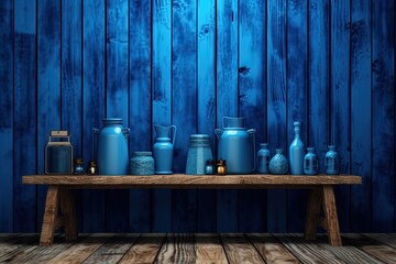 Wall Mural - Blue wood background with a wooden table in front of it. Background of a product display Generative AI