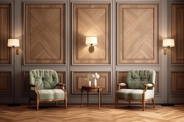 Wall Mural - Two armchairs and a decorative light wall with moldings may be found in a modern room. chairs made of wood with cushioned seats. hardwood parquet. Generative AI