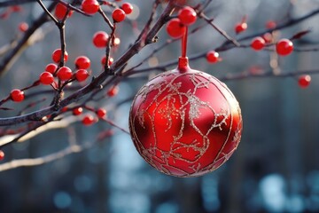 Sticker - Red Christmas decorations with red Christmas toys on a branch of a tree. the space bar Generative AI