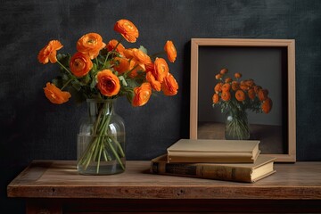 Sticker - Vintage table with a vertical frame and orange ranunculus flowers, warm house furnishings, and mockup creation design wooden frame with no contents and Persian buttercup flowers Generative AI