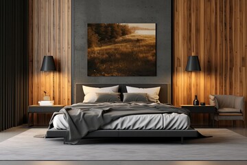 Front view of a gray and dark wood bedroom with a bed covered with gray sheets and a vertical poster on a dark wood wall. a mockup Generative AI