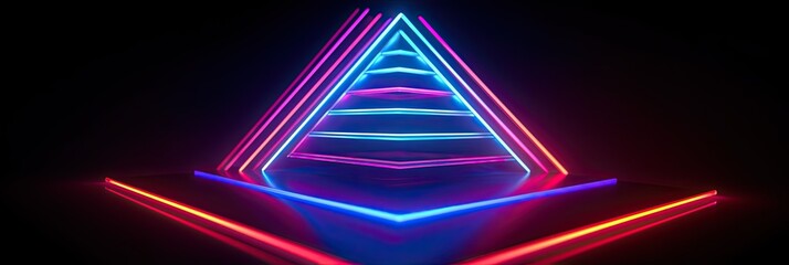Wall Mural - colorful neon lights in geometric triangles. glowing bright abstract design on a black background.