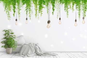 Poster - A stylish home mockup featuring a bed in the bedroom, a plant, and other accessories Generative AI