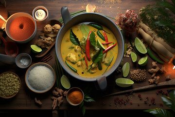 Wall Mural - Top view Chicken curry with on wooden table, Thai food concept, ai generate