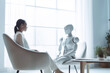 © TRINETTE + CHRIS - AI robot therapist and client in talk therapy session in office. Generative AI.