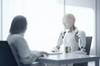 © Trinette Reed - AI robot in a job interview with a human at work. Generative AI.