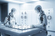 © TRINETTE + CHRIS - Futuristic AI robots playing a game together.  Generative AI.