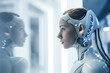 © Trinette Reed - AI robot looking at her reflection in science lab.  Generative AI.
