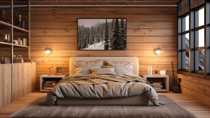 Poster - a room with wooden walls and a wooden ceiling, with a side view of a double bed. Two wide windows and two bedside tables are present. Over the bed, there are three framed posters. a Generative AI