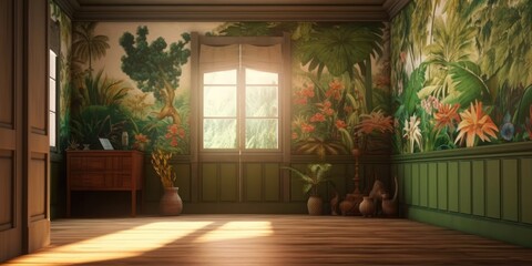 Sticker - The room's wall has the poster mounted on it. Tropical plants, a wood floor, and a picture frame. background of a room wallpaper as a background Design. Generative AI