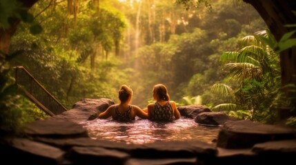 couple enjoying a relaxing spa day, sitting in a hot spring surrounded by nature generative ai