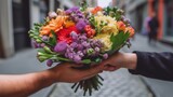 Fototapeta Morze - hands holding a bouquet of fresh flowers generative ai