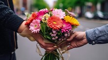 Hands Holding A Bouquet Of Fresh Flowers Generative Ai