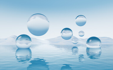 Sticker - Water surface with round balls background, 3d rendering.