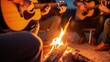 Leinwandbild Motiv hands playing guitar around a campfire with friends generative ai