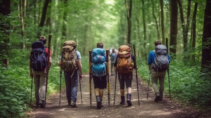 Wall Mural - group of friends hiking in the forest generative ai