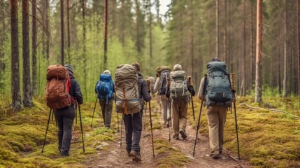 Wall Mural - group of friends hiking in the forest generative ai
