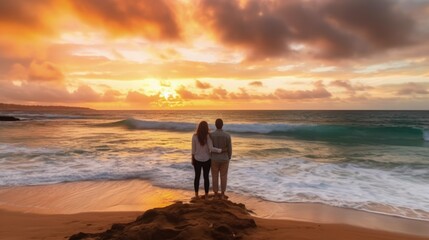 Happy couple watching the sunrise at the beach generative ai