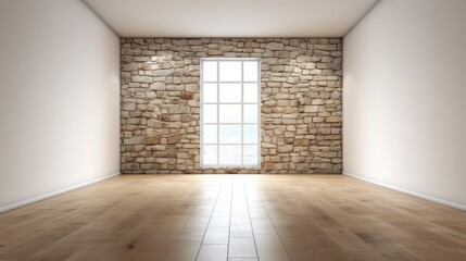 Poster - Large, white, empty hallway with stone walls and a wooden floor. minimalistic model of a blank loft space. excellent caliber picture. Generative AI