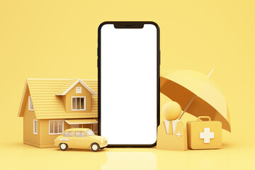 Wall Mural - Home insurance concept, cartoon home, car, life, family and medical care. 3D rendering under an umbrella insurance details on the phone screen safety protection. 3d render on yellow background.