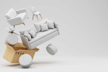 Poster - interior design concept Sale of home decorations and furniture During promotions and discounts, it is surrounded by beds, sofas, armchairs and advertising spaces banner. white background. 3d render