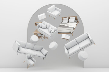 Poster - interior design concept Sale of home decorations and furniture During promotions and discounts, it is surrounded by beds, sofas, armchairs and advertising spaces banner. white background. 3d render