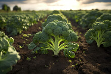 Cultivated Broccoli Field, Earth Day Concept, Plant In The Ground, Green World. Generative Ai