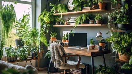 Sticker - working from home office with natural light and green wall. For office workers and independent contractors, remote working and working from home are new business trends. Generative AI