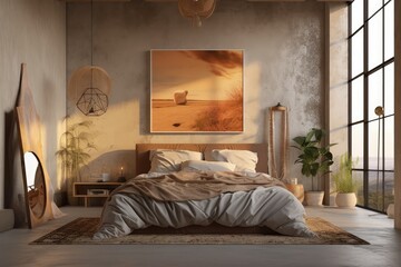 Canvas Print - A king-sized bed, a bookshelf, and a large window can be seen in the front of the room. Above the bed, a big vertical poster is hanging. a mockup Generative AI