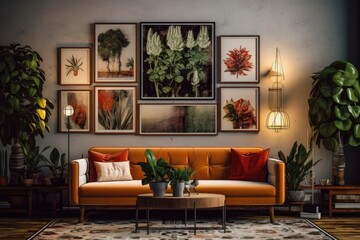 Poster - Interior design of a contemporary room with a sofa, lighting, potted plants, table, and pictures. Generative AI