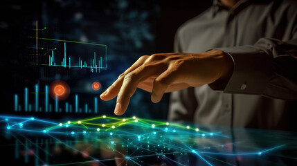 Fototapete - Businessman touching virtual screen Graph analysis of business growth. Generative Ai