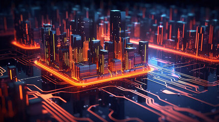 Poster - Futuristic Smart city on circuit board , Abstract Computer Circuit Cyberspace . Generative Ai
