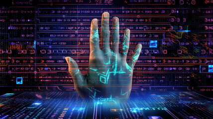 Poster - Businesswoman using a biometric identification fingerprint to access personal . Generative Ai
