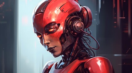 Aufkleber - Cyborg woman side view banner, High tech Ai bot background with copy space for text, AI generated.