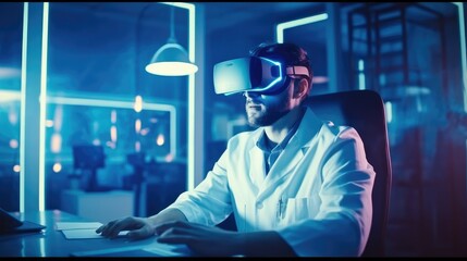 Aufkleber - Medical technology concept, Mixed media, Doctor wearing virtual reality glasses, Checking brain testing result with simulator interface, Innovative technology in science and medicine., AI generated.
