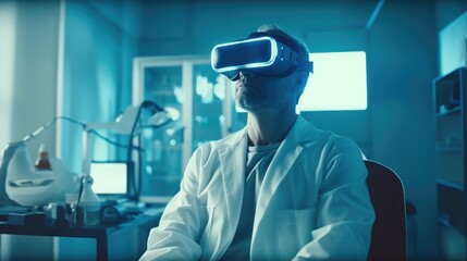 Aufkleber - Medicine doctor wearing virtual reality glasses, Checking diagnosis of patient with modern simulation interface, AI generated.