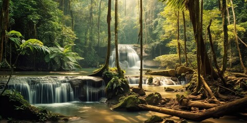 Poster - Beautiful waterfall in the deep forest, AI generated.
