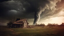 Tornadoes Are Raging Hard, Tornado Touches Down In A Farm Field, AI Generated.