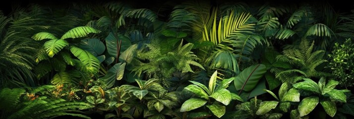 Wall Mural - Nature wall, Tropical rainforest foliage plants bushes, ferns, palm, Philodendrons and tropical plants leaves, Nature background of green forest, AI generated.