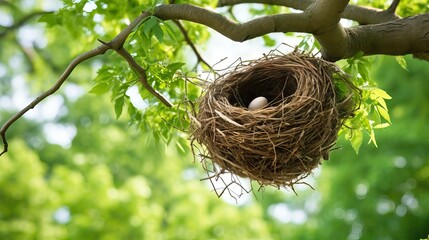 Sticker - Image of a beautiful bird's nest perched high in a tree. This serene scene captures the peace and natural beauty of bird life. Generative AI