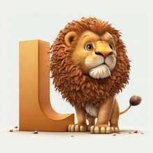 Kids Alphabet. Cute Cartoon Lion, Standing Near Orange Letter L On White Background. Children Abc Letters. AI Generative