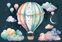 Generative AI. Watercolor Hot Air Balloon. Hand Drawn Vintage Air Balloons With Flags Garlands, Polka Dot Pattern And Retro Design. Background For Kid Banner, Baby Shower, Birthday Greeting Card