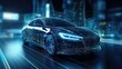 An electric black car with a holographic wireframe  digital technology background. 