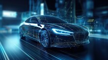 AI Generating Picture Of A Futuristic Electric Black Car With A Holographic Wireframe  Digital Technology Background. 